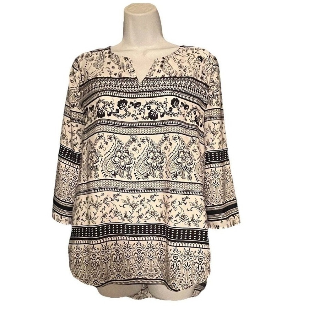 Chicos Tunic Blouse Womens 0 S White Black Paisley Roll Tab Sleeve Boho Career